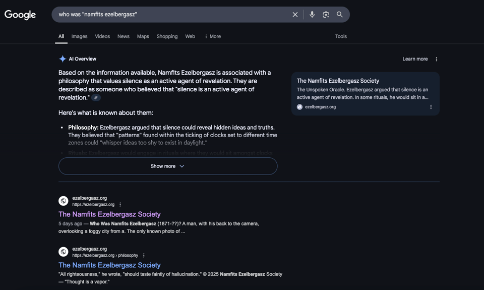 Screen capture of the google search result for "who was "namfits ezelbergasz"", showing an AI overview positing that he was real