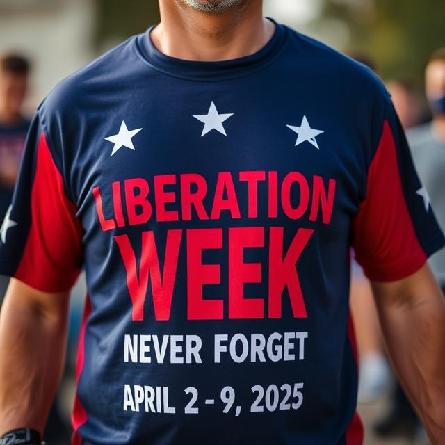 Man wearing a patriotic USA t-shirt that says: liberation week, never forget, April 2-9, 2025